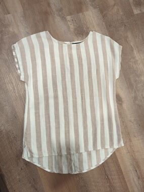 Striped Short-Sleeve Linen Top in Beige and White